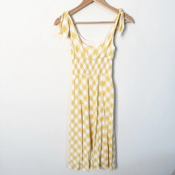 Reformation Yellow White Gingham Tie Shoulders Midi Darby Dress in Bodie Small - Picture 5 of 7